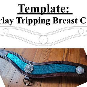 May include: A template for a leather breast collar for horses. The template is a line drawing of the collar, and there is a photo of a finished breast collar with turquoise leather and silver accents.