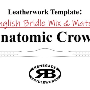 Puede incluir: Plantilla de trabajo de cuero para una corona anatómica, parte de un conjunto de bridas inglesas para mezclar y combinar. La plantilla es un dibujo de línea negra de una pieza de cuero curvada con detalles de costura. La plantilla está etiquetada como "Renegade Bridleworks".