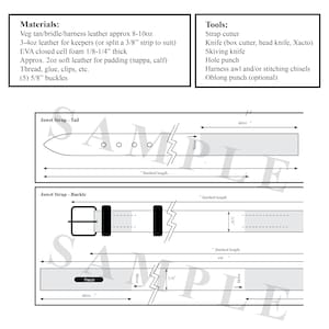 Puede incluir: Diagrama de los componentes de un cinturón de cuero, incluyendo una cola y una hebilla. La imagen incluye medidas, listas de herramientas y especificaciones de materiales para la elaboración de un cinturón. El texto incluye "Jowel Strap - Tail" y "Jowel Strap - Buckle".