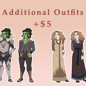 Può includere: Un'illustrazione digitale con quattro design di personaggi e il testo Additional Outfits +$5. Due figure dalla pelle verde indossano armature e abiti casual, mentre due figure con lunghi capelli castani indossano abiti lunghi color beige e marrone.
