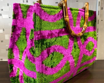 Große Einkaufstasche aus Seide Ikat, Boho Handmade grün pink, große Einkaufstasche, Einkaufstasche aus Seide, Skandinavischen Stil Boho Tasche, Bambus Griff Tote