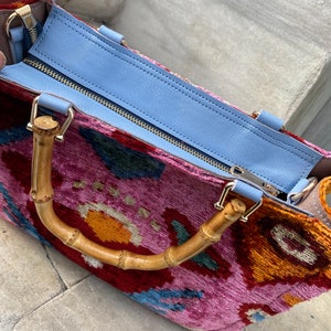 Pink Multicolor Heart Ikat Velvet Large Tote Bag – Handmade with Bamboo Handles