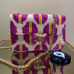 Purple handmade silk ikat velvet coco bag, handwoven uzbek bohemian crossbody handbag purse clutch, traditional silk velvet textile gift bag