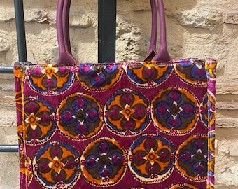 Moskow ikat totebag, silk fabric pink totebag, traditional fabric, silk ikat handmade totebag, handmade gift bag, ikat velvet tote