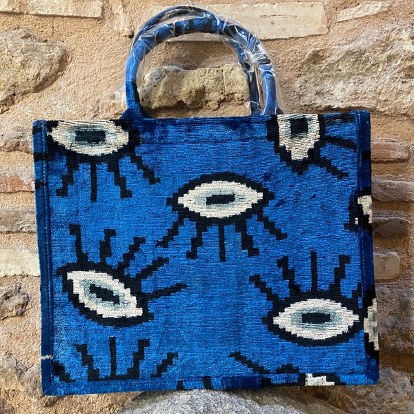 Ikat large totebag blue evil eye patterned, handmade evileye spiritual bag, silk velvet shopping bag, mothers day gift bag, uzbek large tote