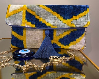 Hand-Woven Uzbek Silk Velvet Clutch with Fringes, Boho Style Soft Cover Silk Clutch with Chain, Ethnic and Chic Silk Fabric Clutch + pocket