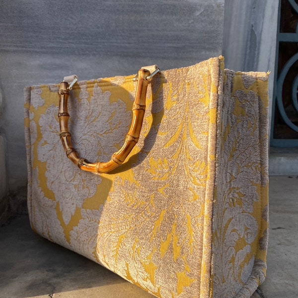 Yellow totebag velvet fabric, , velvet handmade uzbek bag, handmade velvet fabric bag, yellow velvet textile bag bamboo handle
