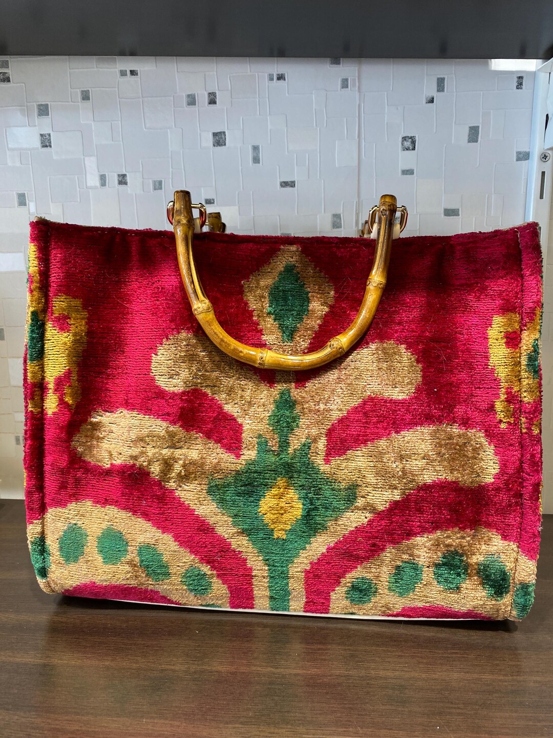 Vibrant Pink and Orange Ikat Velvet Large Tote Bag main image 1