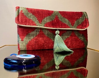 Roodgroene zijde ikat fluwelen stof feestavond portemonnee clutch handtas, zijde rood fluwelen textiel zijde handgeweven handtas, handgemaakte tas voor cadeau