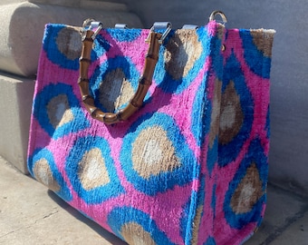 Tote bag Silk Ikat, Large Tote Traditional Boho Handmade blue pink, Skandinavian Style Boho Silk Velvet Bag-Tote bag, Bamboo Handle Tote
