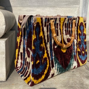 Handwoven Brown Silk Tote bag with Bamboo Handle, Rug Bag Handwoven Silk Yellow- Brown, Handcrafted and Eco - Friendly, Handmade Tote Bag