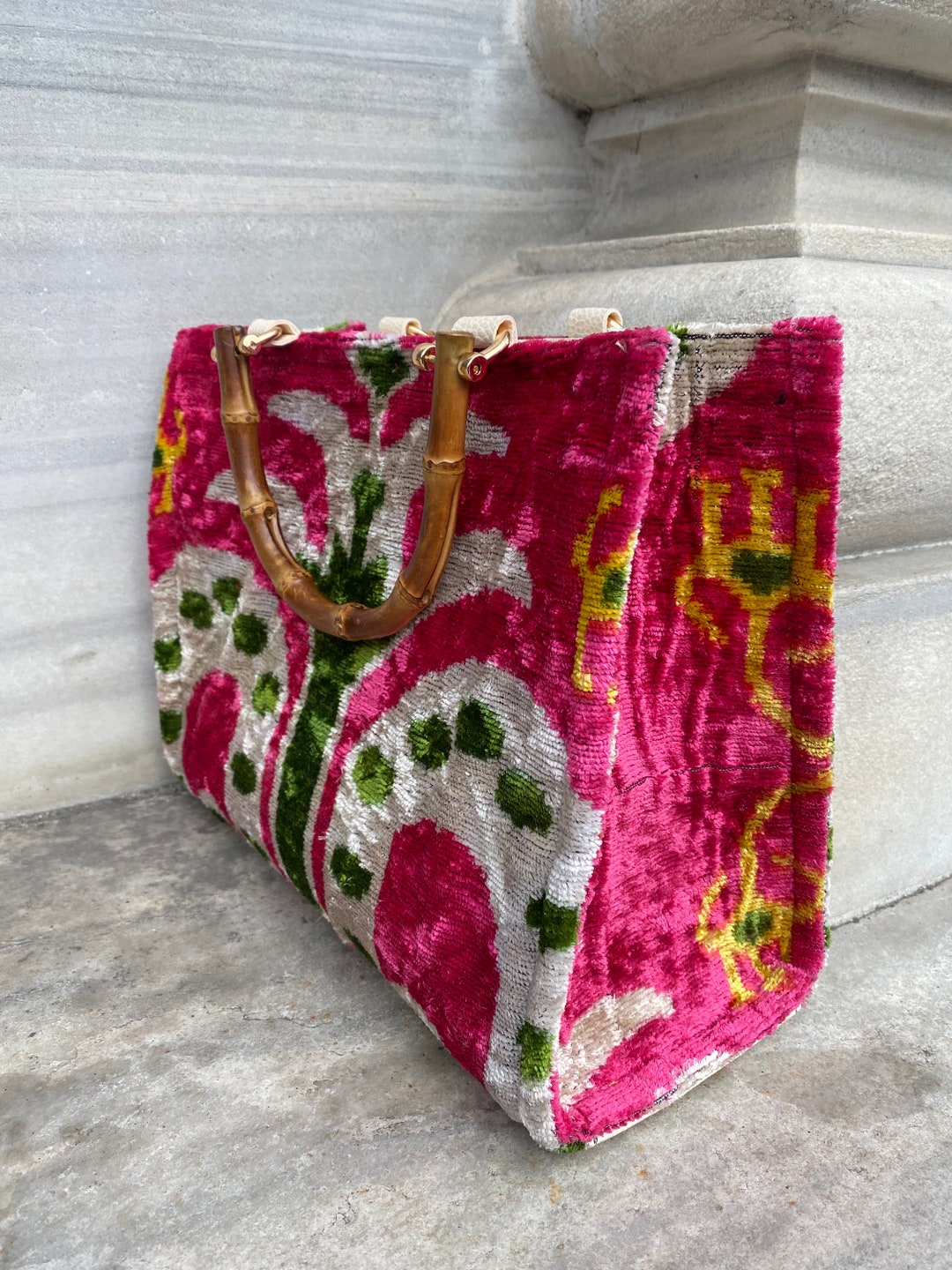 Acacia Sustainable Handmade Leather and Ikat Floral Tote Bag in Burgundy