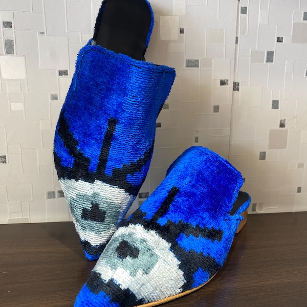 Silk Velvet Ikat Slippers Green and Blue main image 0
