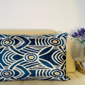 Ikat pillow case, blue white lux cushion velvet silk fabric, fashion home decoration, home art pillow, ikat design, Wedding gift