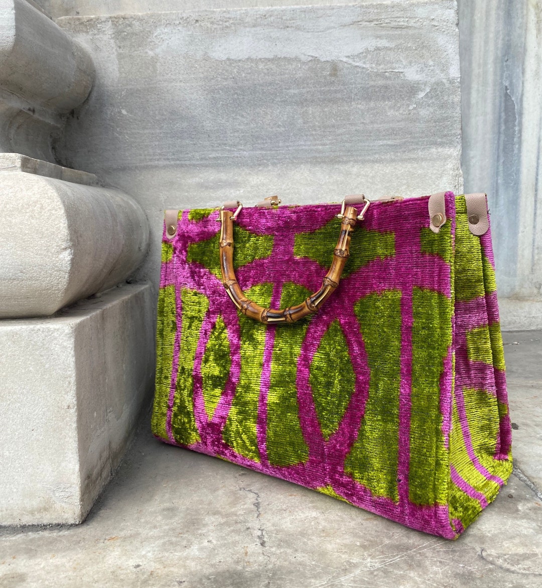 Gray Ikat Velvet Large Tote Bag with Abstract Design main image 0