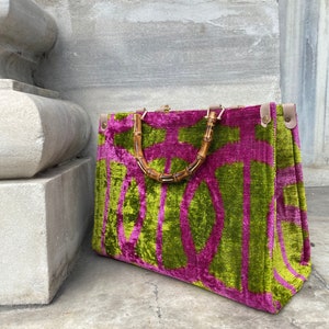 Tote bag Silk Ikat, Large Tote Traditional Boho Handmade green pink, Skandinavian Style Boho Silk Velvet Bag-Tote bag, Bamboo Handle Tote