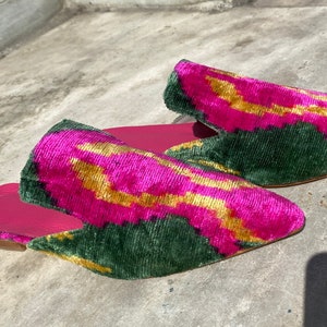 Silk Velvet Ikat Slippers Green and Pink