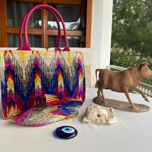 Conjunto de bolso y zapatillas, bolso tote Ikat con zapatillas, bolso de terciopelo Ikat, bolso tote Ikat de seda hecho a mano, bolso de terciopelo, tela de terciopelo de seda, zapatos Ikat