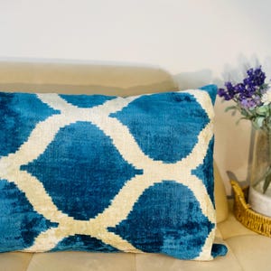 Ikat pillow case, blue white lux cushion velvet silk fabric, fashion home decoration, home art pillow, gift for home, ikat design,