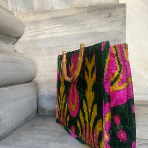 Heartburst Pink Velvet Ikat Tote Bag with Bamboo Handles - Medium Size main image 1