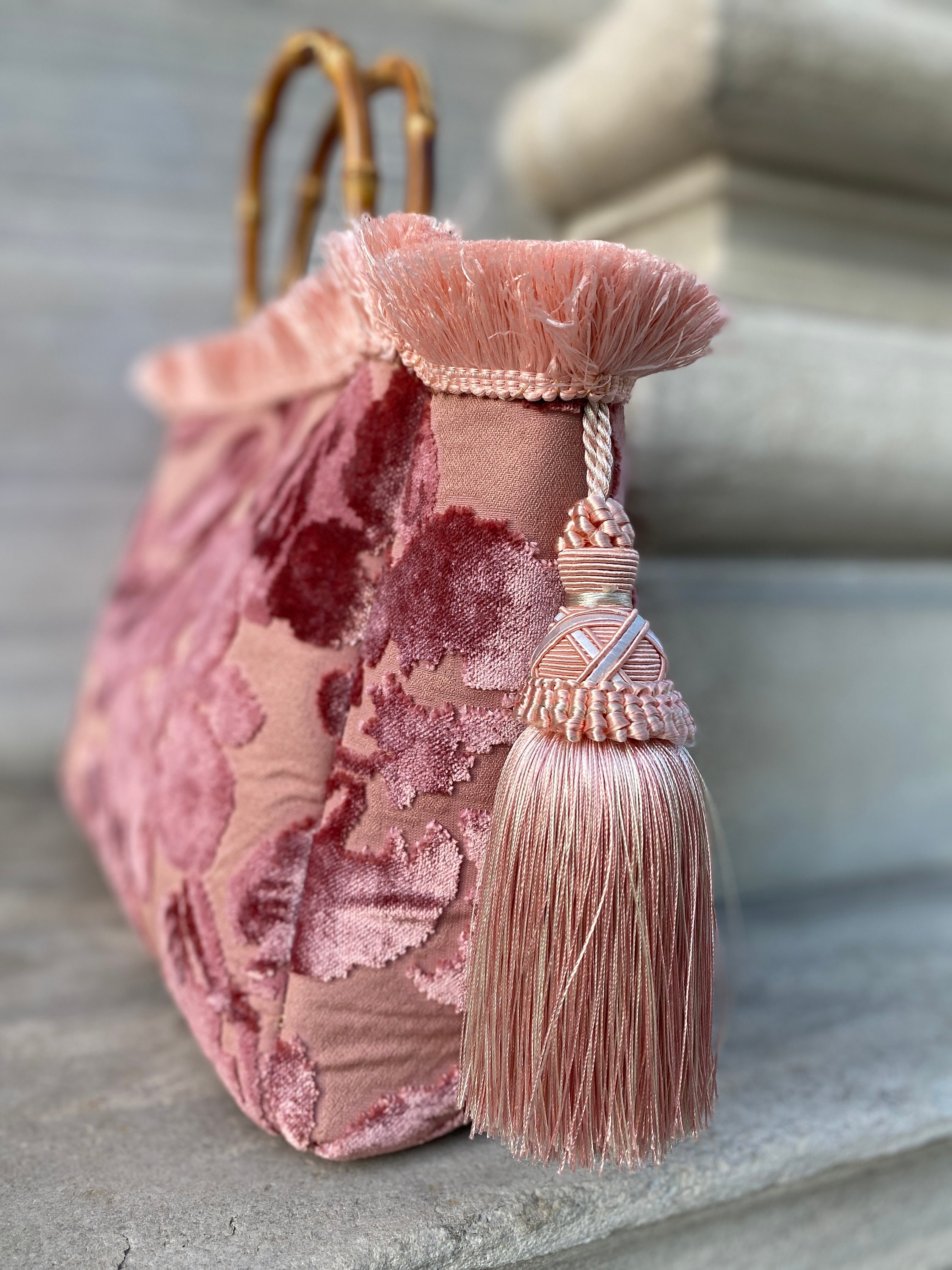 Tote Bag Velvet Pink, Large Tote Baroque Bohemian Handmade Pink