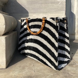 Bamboo handle tote bag, ikat velvet bamboo tote, silk handcraft different model tote bag, Uzbek Istanbul bag, black white tote with bamboo,