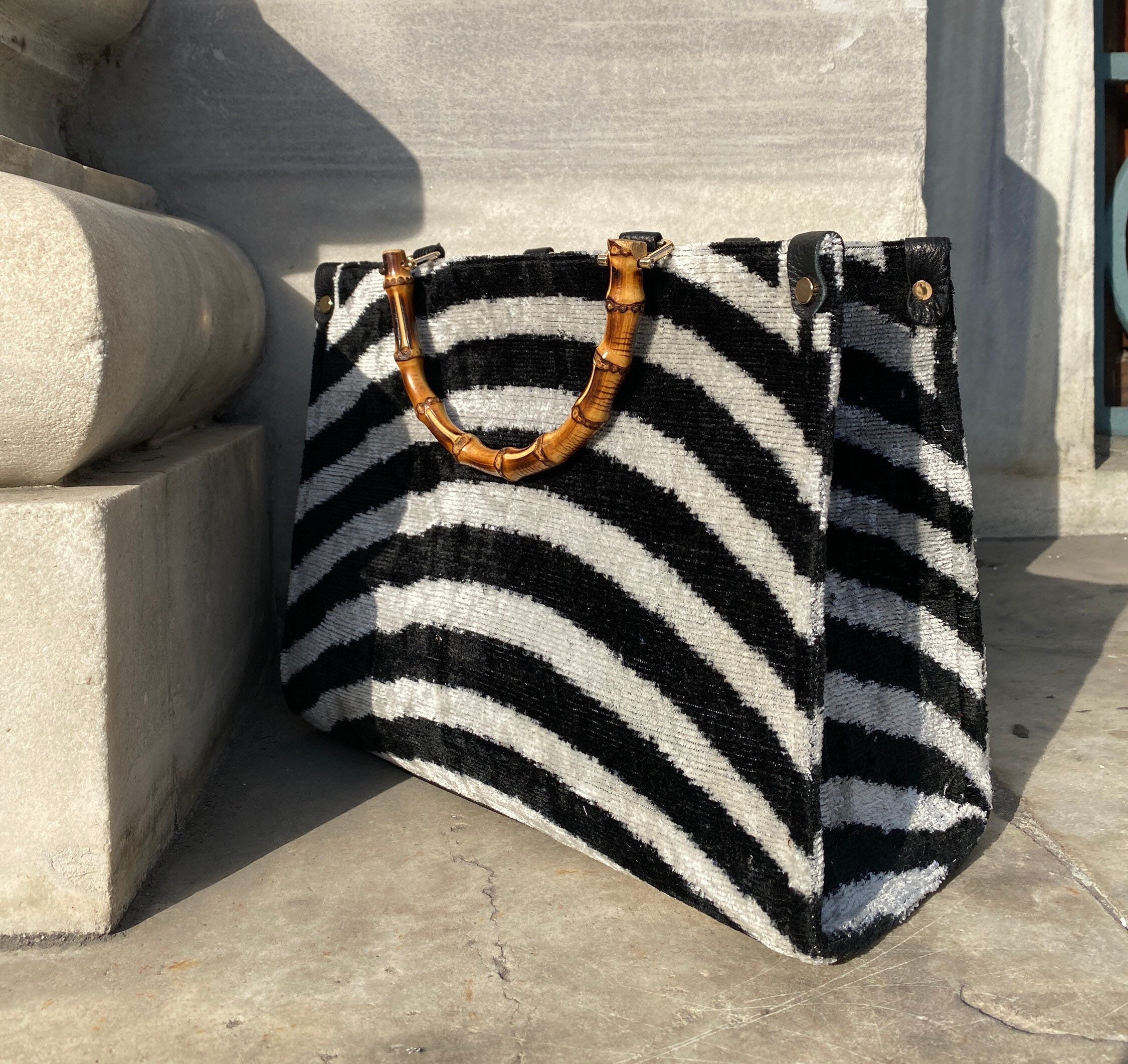 Bamboo Handle Tote Bag, Ikat Velvet Bamboo Tote, Silk Bamboo Handle Tote Bag, Ikat Velvet Bamboo Tote, Silk