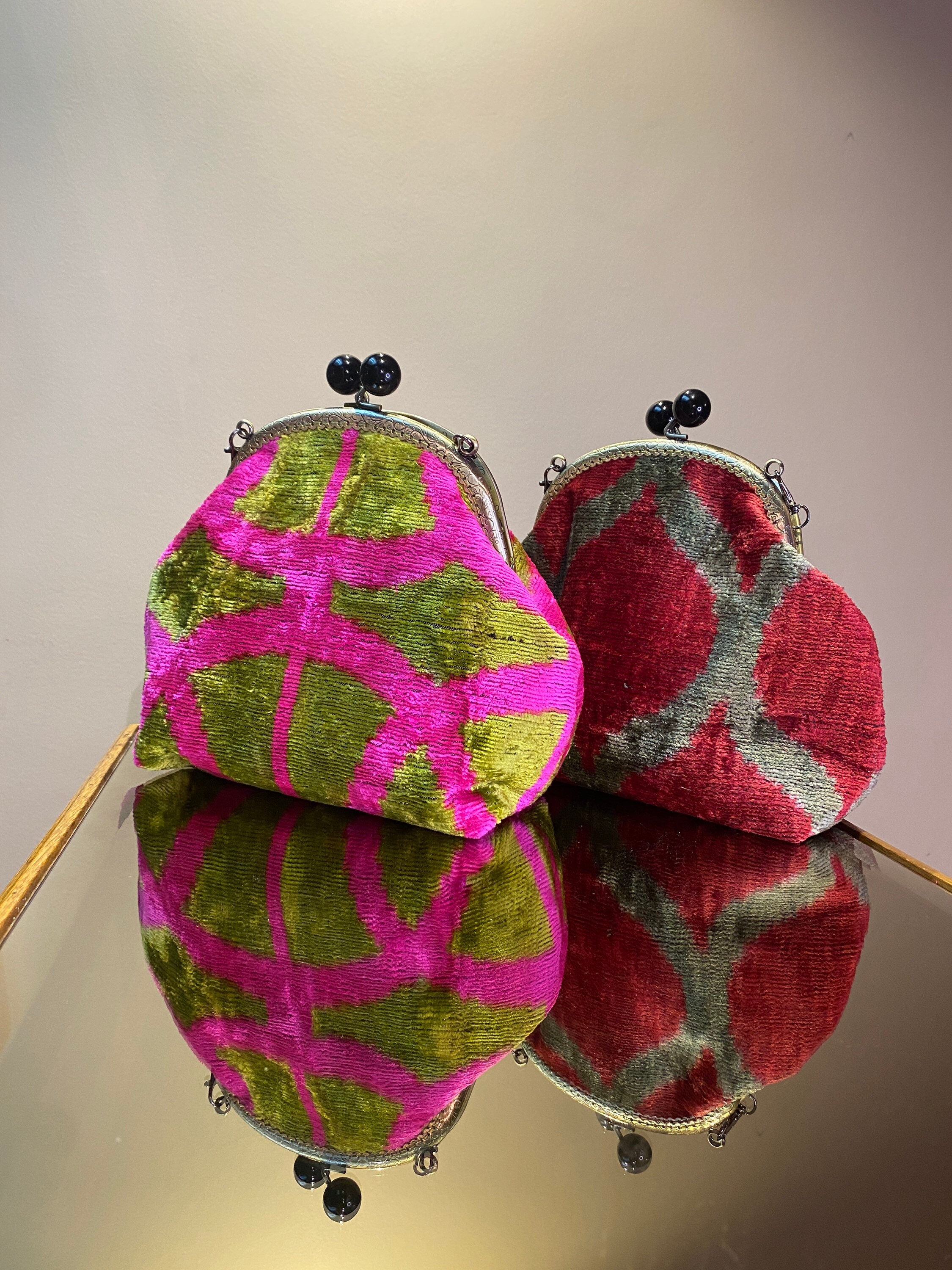 Green Red Silk Ikat Velvet Fabric Purse Bag, Uzbek Silk Velvet