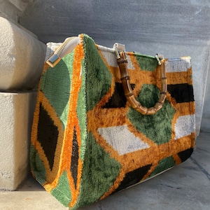 Tote bag Silk Ikat, Tote Traditional Boho Handmade green yellow, geometric Style Boho Silk Velvet Bag-Tote bag, Bamboo Handle Tote
