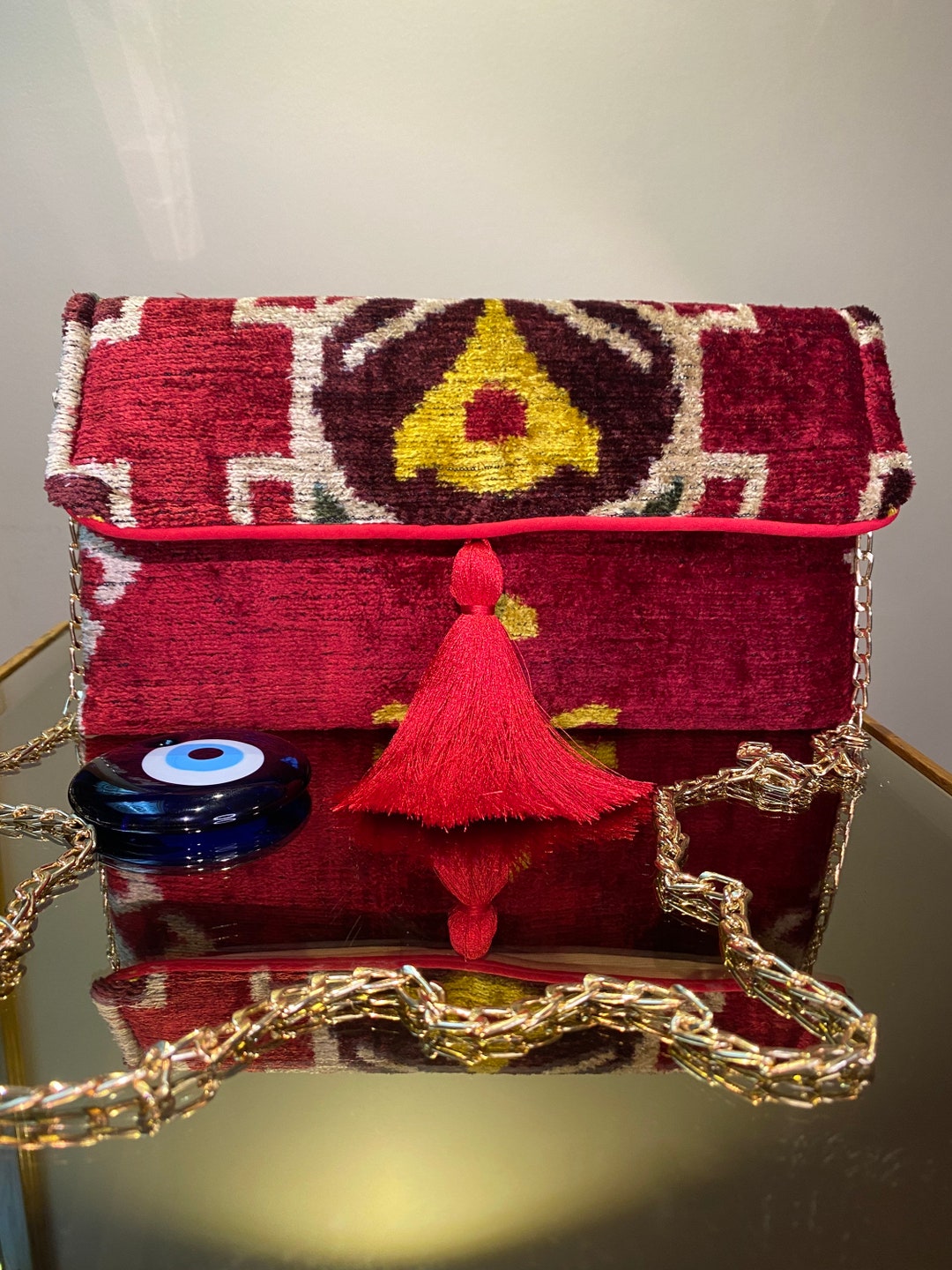 Red Velvet Boho Silk Ikat Tradational Handbag Purse Clutch Bag,uzbek Handwoven Boho Natural