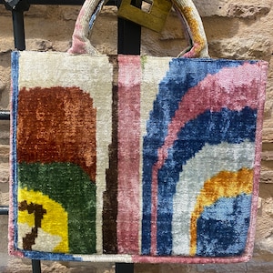 Boho Tasche für Frau, rosa blaue Seidensamt große Tasche, Ikat Samt große Einkaufstasche,