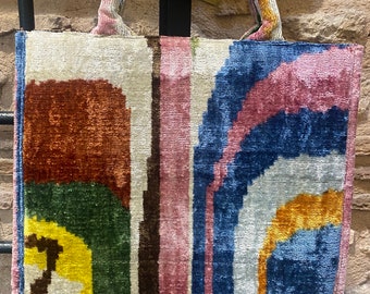 Boho Tasche für Frau, rosa blaue Seidensamt große Tasche, Ikat Samt große Einkaufstasche,