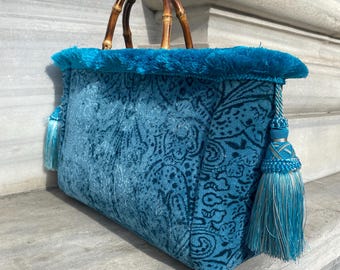 Tote bag velvet turquoise, Large Tote Baroque bohemian Handmade blue, Skandinavian Style tasseled Bag-Tote bag, Bamboo Handle velvet tote