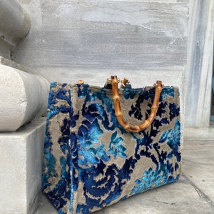 Tote bag Samt marineblau, Große Tote Traditionelle Boho Handmade dunkelblau, skandinavischen Stil Boho Tasche-Einkaufstasche, Bambusgriff Samt Tote