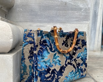 Tote bag Samt marineblau, Große Tote Traditionelle Boho Handmade dunkelblau, skandinavischen Stil Boho Tasche-Einkaufstasche, Bambusgriff Samt Tote