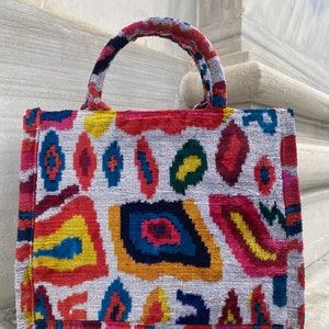 Böses Auge Muster Handgefertigte Seide Ikat Einkaufstasche, Handgewebte Bunte Usbekische Stoff Einkaufstasche, Weiß Samt Textil Traditionelle Boho Totebag