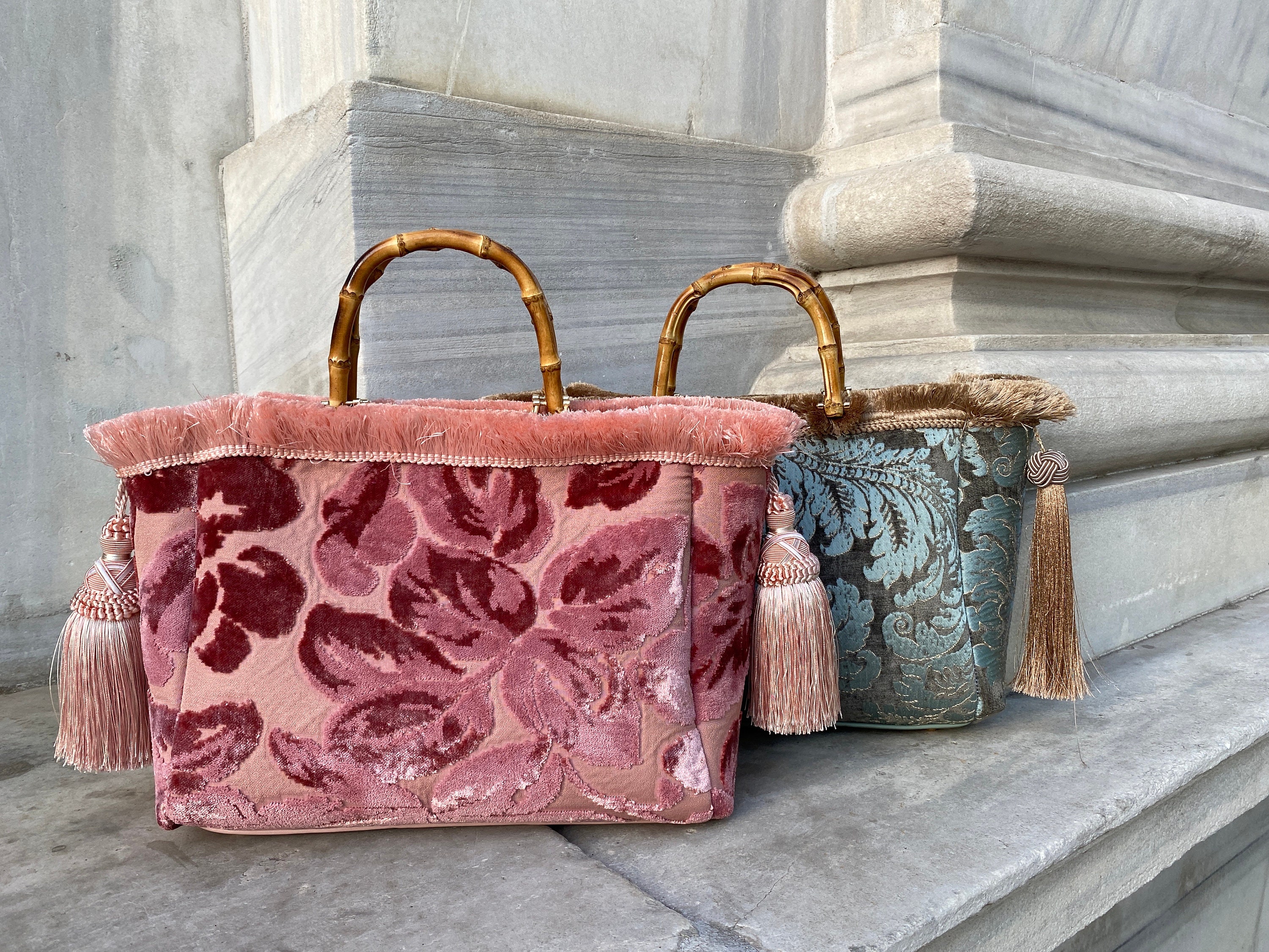 Tote Bag Velvet Pink, Large Tote Baroque Bohemian Handmade