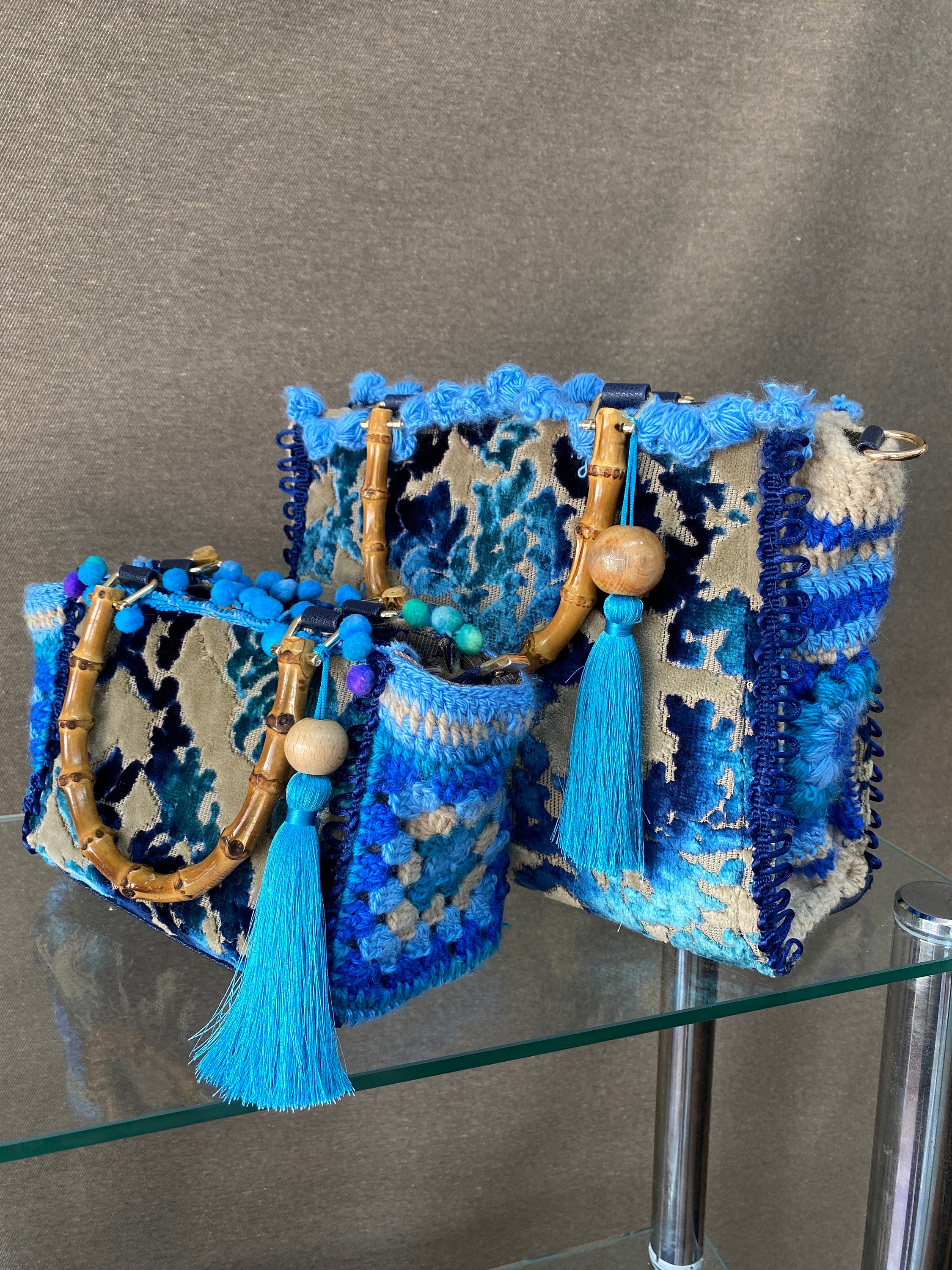 Tote bag  jacquard velvet knit design, Large and mini Tote hand- crafted  tasseled Bag, turquoise blue velvetTote bag, Bamboo Handle velvet