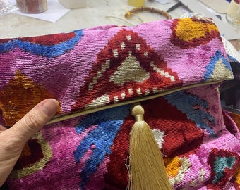 Ikat silk velvet woman bag, boho handmade handbag, ethnic handmade clutch-handbag, luxury gift for woman, unique handmade gift, ikat purse
