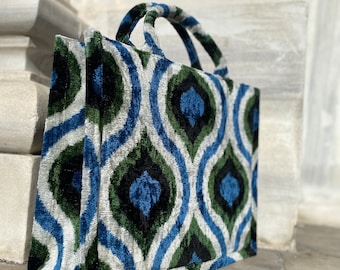IkatTasche Tasche, Evileye Blau Muster Seide Handgemachte Tasche, Hand gewebt Ikat Tasche, Samt Istanbul große Tasche