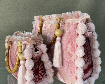 Tote bag  jacquard velvet knit design, Large and mini Tote hand- crafted  tasseled Bag pünk velvetTote bag, Bamboo Handle velvet