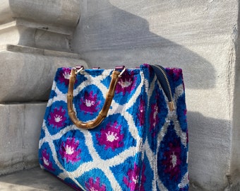 Tote bag Silk Ikat, Tote Traditional Boho Handmade blue Lotus flower, Skandinavian Style Boho Silk Velvet Bag-Tote bag, Bamboo Handle Tote