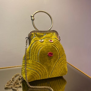 Yellow velvet face detail funny bag, handmade fabric purse clutch bag, yellow clip handbag, boho skandinavian style bag for woman gift,