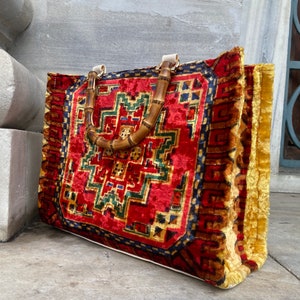 Ikat Velvet Houndstooth Large Tote Bag with Bamboo Handle main image 1