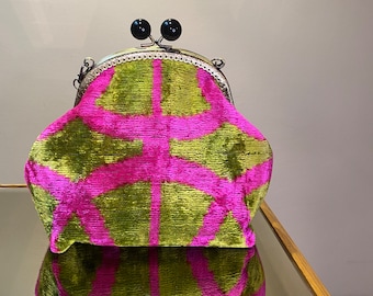 Grün rote Seide Ikat Samt Stoff Handtasche Beutel, Usbekische Seide Samt Tasche mit Kettenhenkel, grün Lila Seide Ikat Samt Tasche, Seide