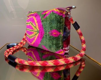 Colorful ikat velvet shoulder bag, handmade silk velvet fabric boho bag, handwoven fabric colorful boho unique handbag, casual ethnic bag