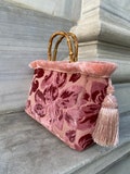 Tote bag velvet pink, Large Tote Baroque bohemian Handmade pink, Skandinavian Style tasseled Bag-Tote bag, Bamboo Handle velvet tote product logo