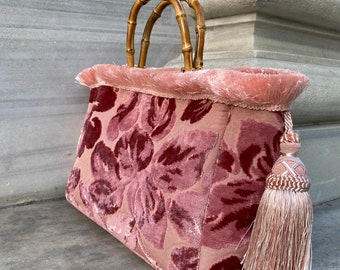 Tote bag velvet pink, Large Tote Baroque bohemian Handmade pink, Skandinavian Style tasseled Bag-Tote bag, Bamboo Handle velvet tote