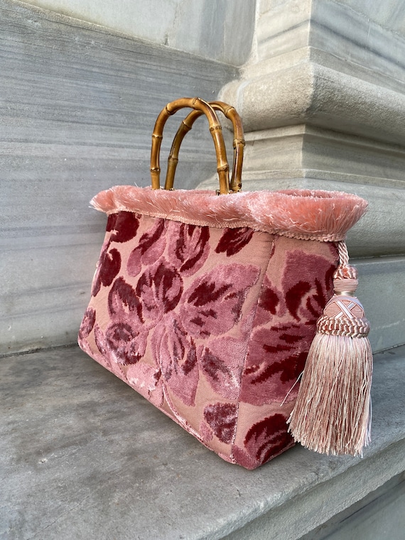 Tote Bag Velvet Pink, Large Tote Baroque Bohemian Handmade Pink