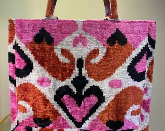 Ikat Samt uzbek Tasche, Seide Handgemachte Stoff Tasche,rosa Samt Stoff Tasche, Ikat Samt uzbek totebag, Seidensamt Tasche